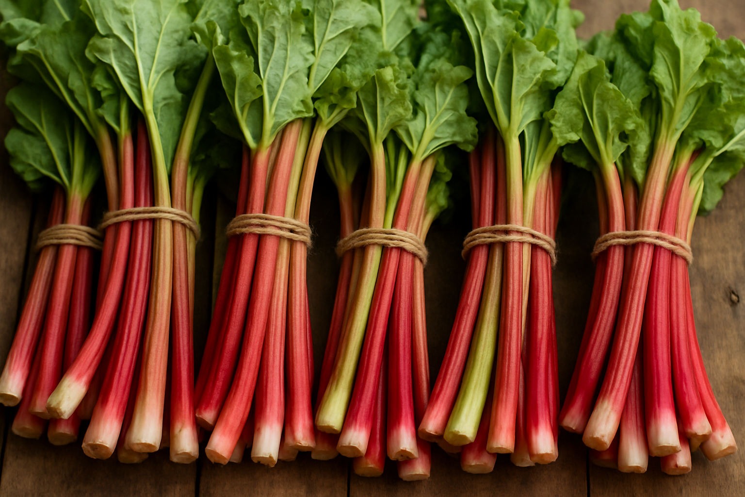 Bundles of freshly harvested rhubarb stalks