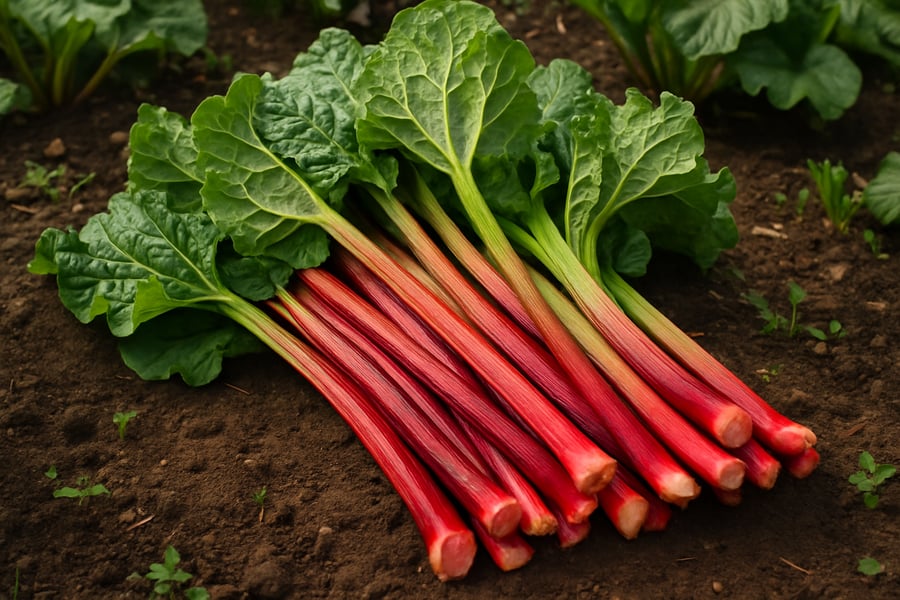 Freshly harvested rhubarb stalks from the garden